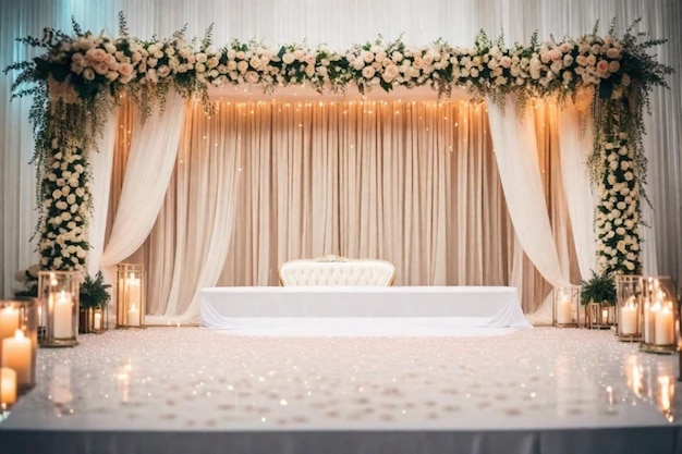 una ceremonia de boda con un sofá blanco y flores en la mesa