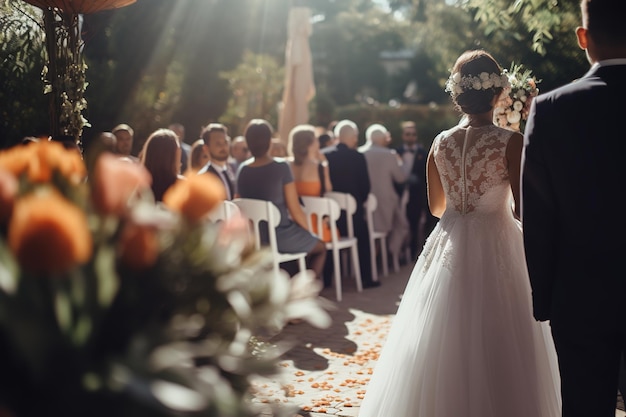 Foto ceremonia y celebración de boda los novios la novia y el novio se van generative ai