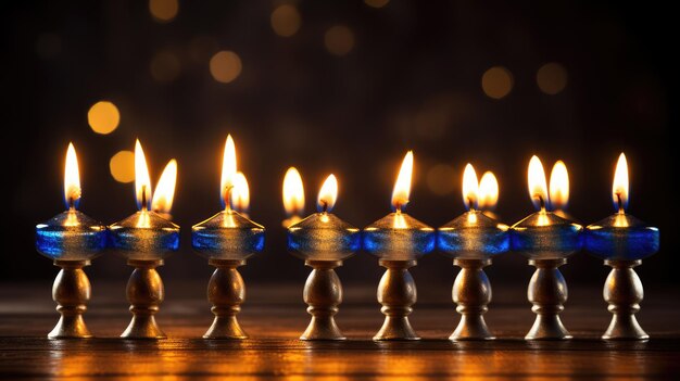 Foto ceremonia de encendido de velas de menorah durante la celebración de hanukkah atmosfera cálida y luces de velas