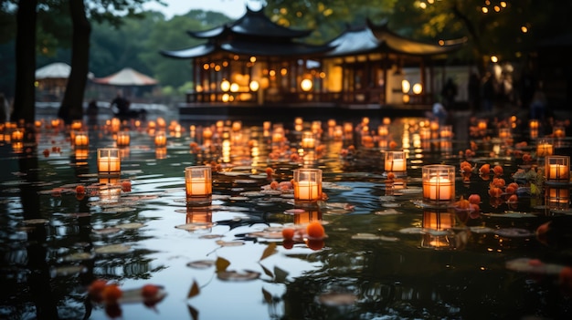 Ceremonia flotante de farolillos del Festival del Medio Otoño en un lago tranquilo farolillos elaborados de forma intrincada