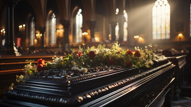 Ceremonia funeraria Escena con un ataúd en una iglesia Generative Ai