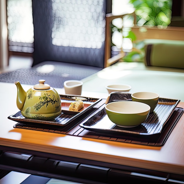 Foto ceremonia generativa del té de ia en tetera china y taza en la mesa