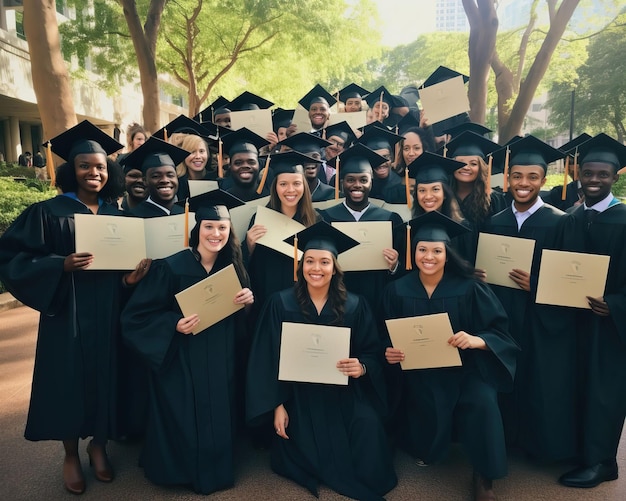 Una ceremonia de graduación con estudiantes con togas y birretes sosteniendo con orgullo sus diplomas
