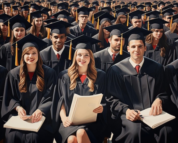 Una ceremonia de graduación con estudiantes con togas y birretes sosteniendo con orgullo sus diplomas