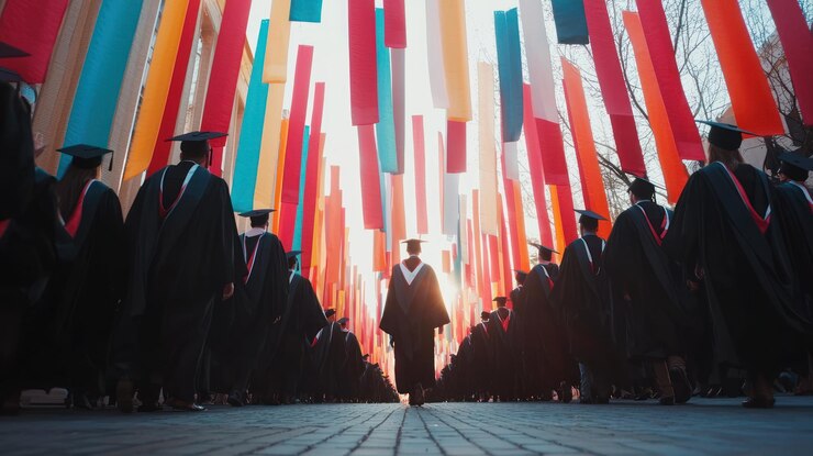 Una ceremonia de graduación con pancartas que celebran los logros de los graduados