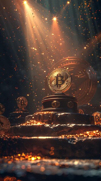 Foto ceremonia de premios bitcoin en un teatro con un escenario y el concepto de criptografía de tro trending background photo