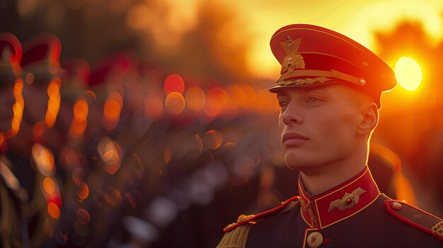 Foto ceremonia de puesta de sol con guardia de honor uniformada