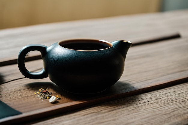 Ceremonia del té chino Tetera de cerámica hecha de arcilla y cuencos sobre un fondo de madera Generativo ai