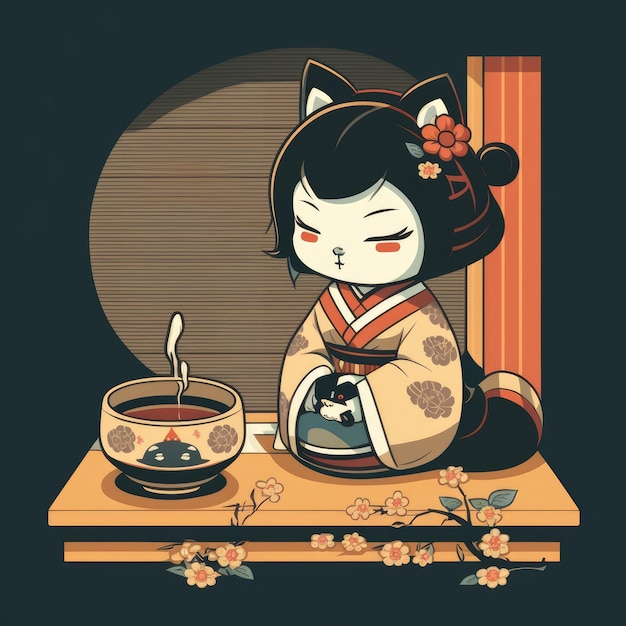 Ceremonia del té japonesa con tazas de gato geisha y tetera en la mesa ai generada ilustración mujer oriental mascota y interior asiático mesa étnica y rama de sakura ceremonia del té tradicional