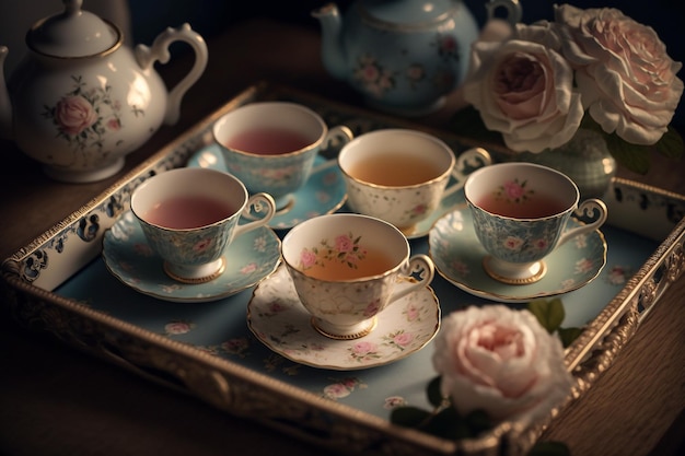 Ceremonia del té tetera y tazas de cerámica con bebida IA generativa