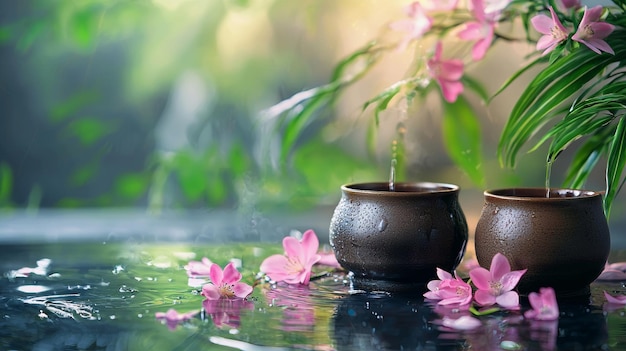 Ceremonia del té zen con flores y tazas en un entorno tranquilo