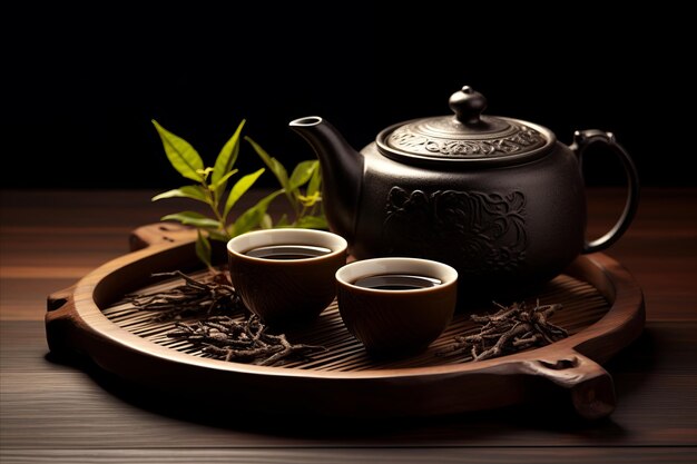 Ceremonia tradicional china de té con tetera de barro, dos cuencos y una bandeja de té de bambú