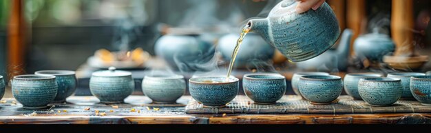 Ceremonia tradicional del té con copas de cerúleo hechas a mano