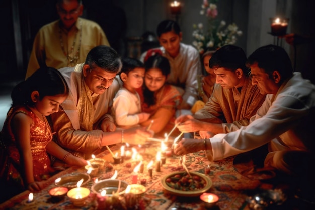 Ceremonias de oración de familias y amigos indios con velas y lámparas de aceite Diya en Diwali El tradicional festival de luces La celebración de Deepavali generó IA