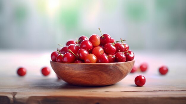 cereza de acerola en un cuenco de madera en una mesa de madera