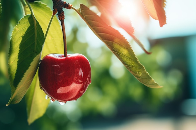 Cereza en un árbol con el sol detrás