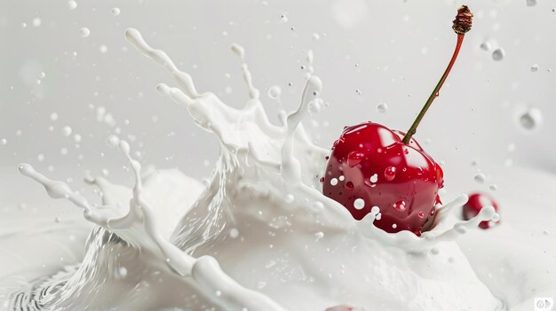 Cereza cayendo en salpicaduras de leche aisladas en fondo blanco Generativo Ai