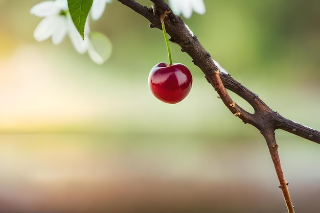 Una cereza cuelga de la rama de un árbol con el sol detrás.