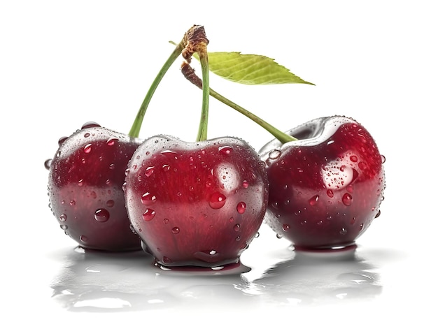 Cereza dulce con gotas de agua aislado sobre fondo blanco.