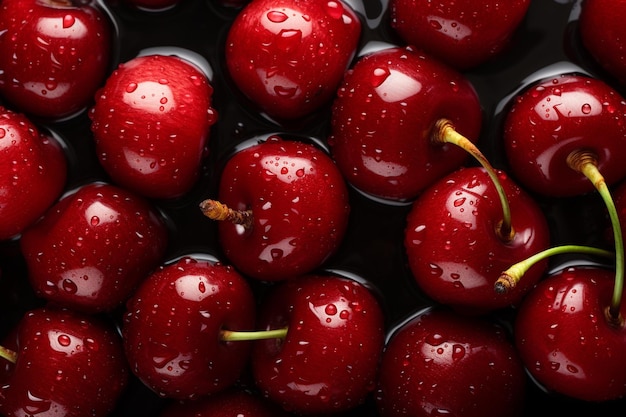 Una cereza fresca con gotas de agua fondo 4k