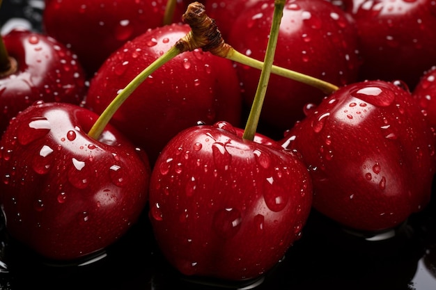 Una cereza fresca con gotas de agua fondo 4k