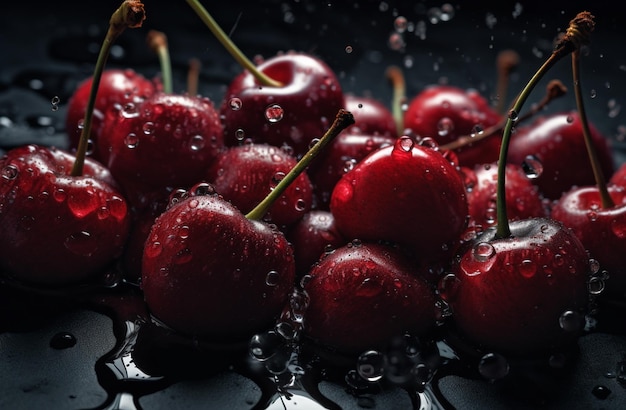 Cereza con gotas de agua sobre un fondo oscuro