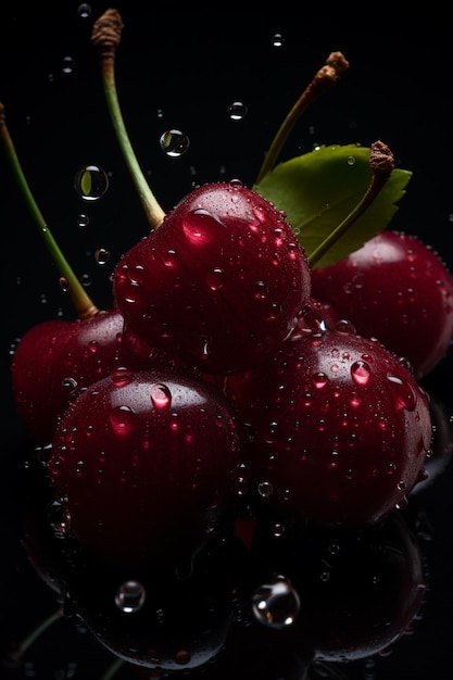 Cereza con gotas de agua sobre un fondo oscuro