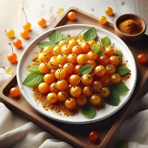 cereza molida en un plato blanco sobre un fondo blanco