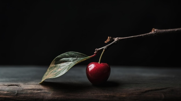 Una cereza en una rama con una hoja