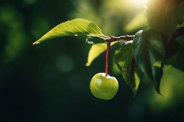 Una cereza en una rama con hojas al sol