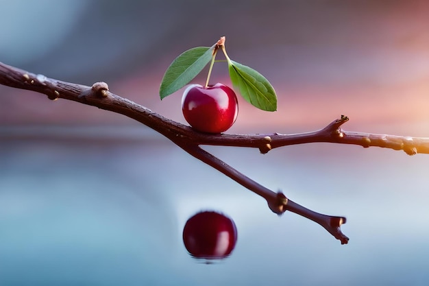 Una cereza en una rama con el sol detrás