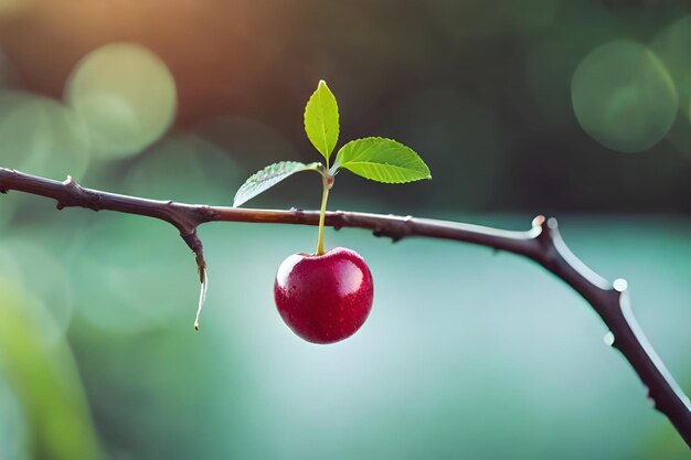 Foto una cereza en una rama con el sol detrás.