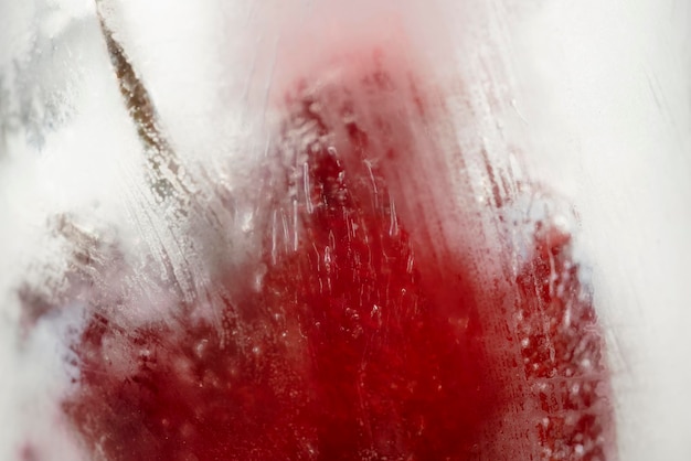 Cereza roja congelada en un trozo de hielo