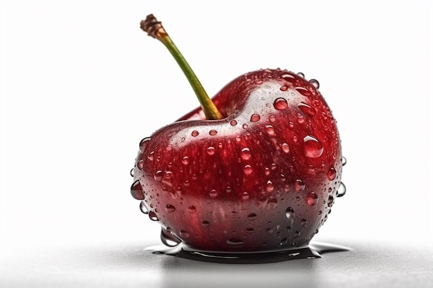 Cereza roja con gotas de agua sobre un fondo blanco de renderizado 3d