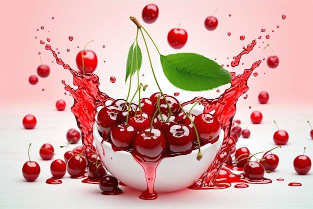 Cereza roja de levitación en un tazón blanco con salpicaduras de jugo
