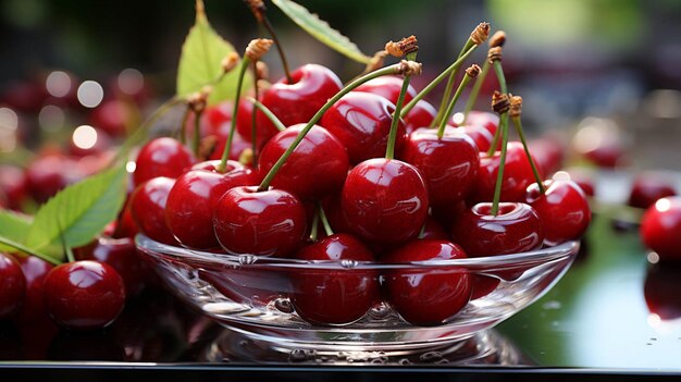 Foto cereza roja en un recipiente de vidrio