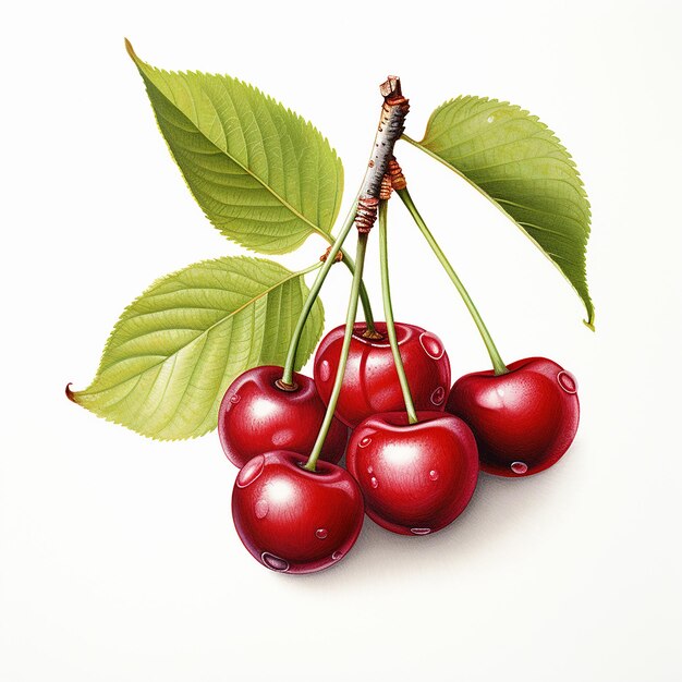 Cerezas agrias con hojas sobre un fondo blanco