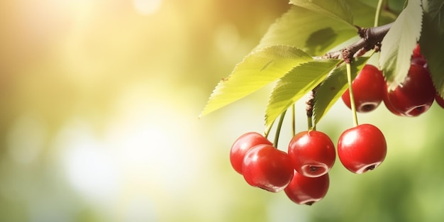 Cerezas en un árbol con un fondo verde