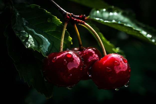 Cerezas en un árbol con gotas de lluvia sobre ellas