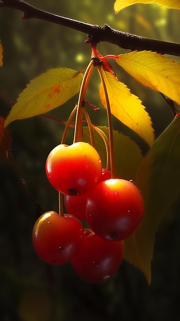 Cerezas en un árbol en otoño.