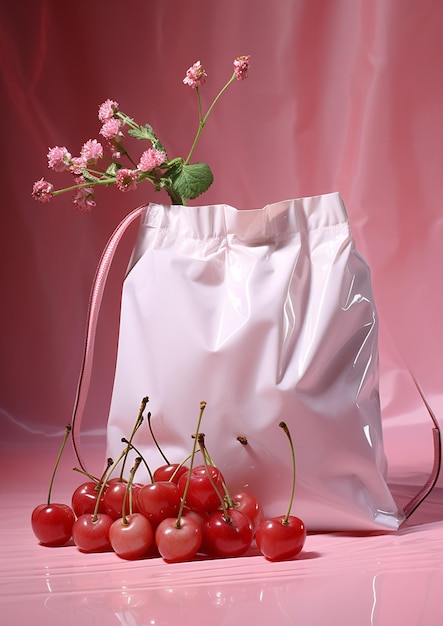 Foto cerezas en bolsas de plástico foto realista ai generado