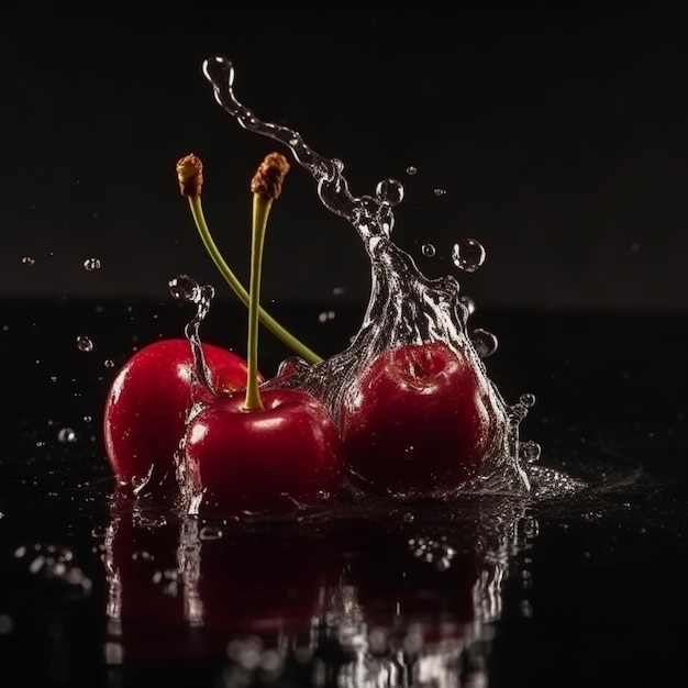 Las cerezas se caen en un chapoteo de agua.