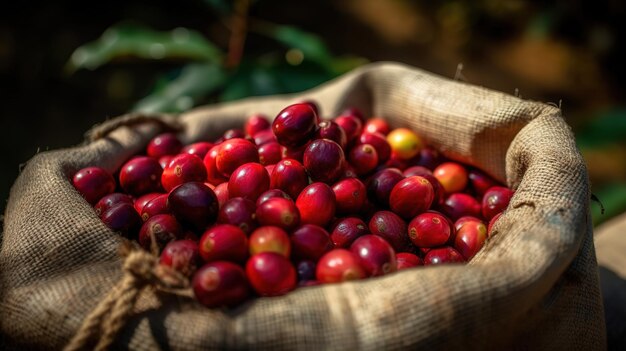 Cerezas de café en un saco durante una cosecha en Colombia Generative Ai