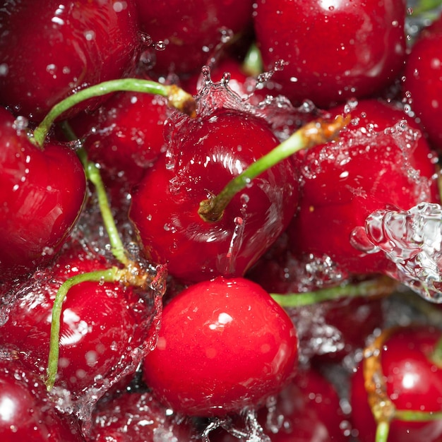 Cerezas en un colador salpicado de agua