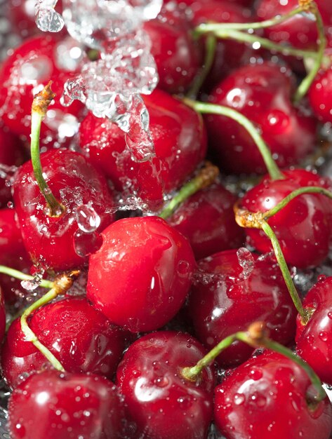 Cerezas en un colador salpicado de agua