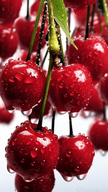 Cerezas colgando de una rama con gotas de lluvia sobre ellas