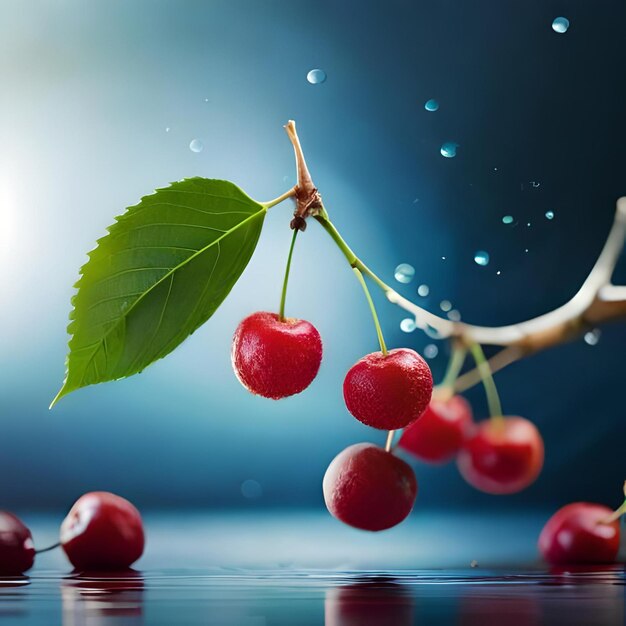 Las cerezas cuelgan de una rama con gotas de agua.