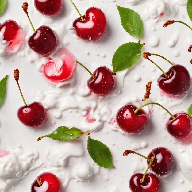 Cerezas dulces en salpicaduras de jugo generadas con IA