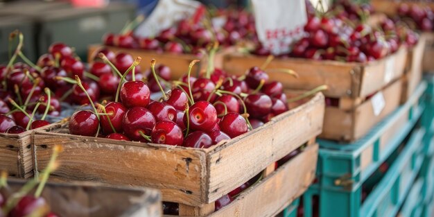 Foto cerezas ecológicas en el mercado