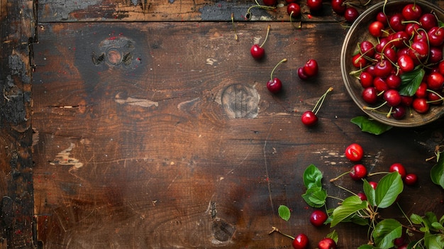 Cerezas esparcidas en una superficie de madera desgastada